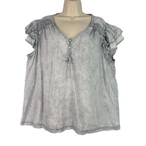 Jane + Delancey Tunic Top Blouse Gray Acid Wash 2X Smocked Ruffle Sleeve‎ Boho